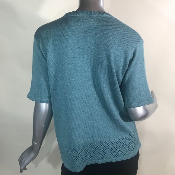 Alfred Dunner Women's Medium Teal Blue Knit Short Sleeve Sweater Crew Neck Scall - Picture 6 of 12